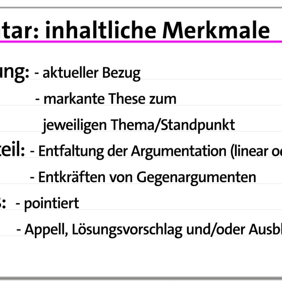 Karteikarte: inhaltliche Merkmale des Kommentars | kolleg24 Deutsch