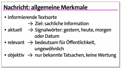 Karteikarte: allgemeine Merkmale der Nachricht | kolleg24 Deutsch