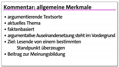 Karteikarte: allgemeine Merkmale des Kommentars | kolleg24 Deutsch