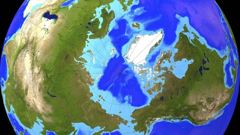 Der Nordpol auf der Erdkugel von oben - die magnetischen Pole sind nicht identisch mit den geografischen.