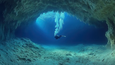 Ein Taucher entdeckt eine Unterwasserhöhle. Im Ozean gibt es genau wie auf der Erdoberfläche viele Berge und Gräben.