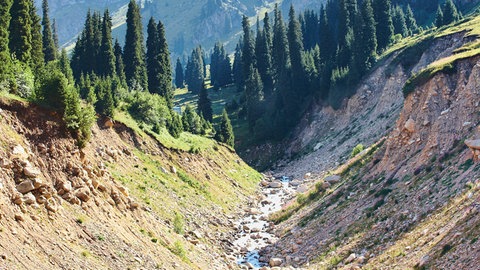 Gebirgsbach hat sich seinen Weg durch die Landschaft gebahnt: Wasser kann Gestein mitreißen, Erosionen verändern die Landschaft.