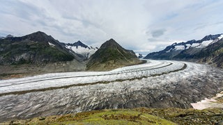 Ausblick auf den Aletschgletscher in den Schweizer Alpen. Die riesige Eismasse transportiert Geröll über weite Strecken. 