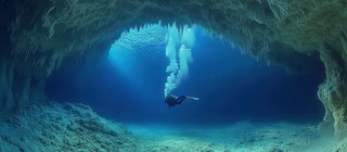 Ein Taucher entdeckt eine Unterwasserhöhle. Im Ozean gibt es genau wie auf der Erdoberfläche viele Berge und Gräben.