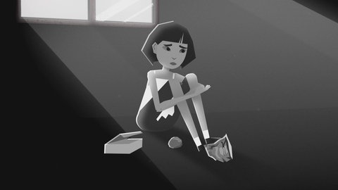 Mädchen sitzt auf dem Boden umgeben von Tüten und einem Stein