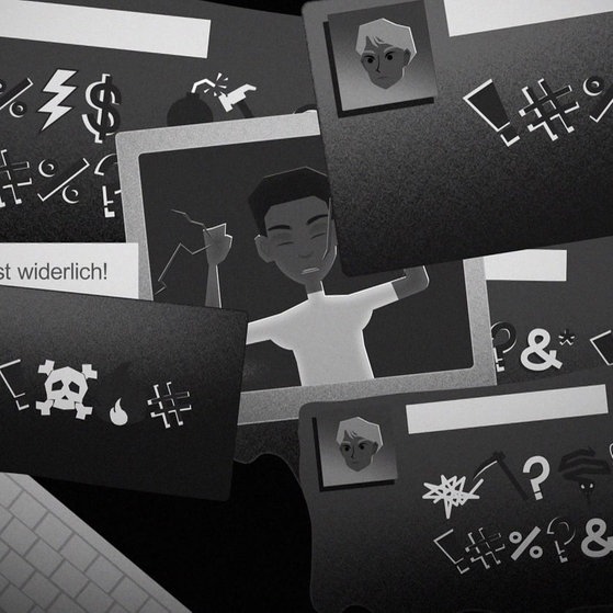 Bildschirme mit Beschimpfungen und aggressiven Emojis