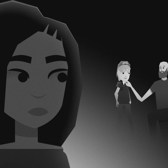 Porträtbild Ami – daneben zwei weiße Erwachsene.