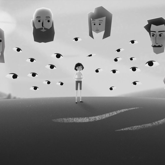 Mädchen umgeben von Augen und Köpfen