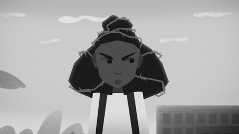 Mädchen mit Stacheldraht um den Lockentopf