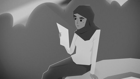 Mädchen mit Kopftuch hält ein Blatt in der Hand.