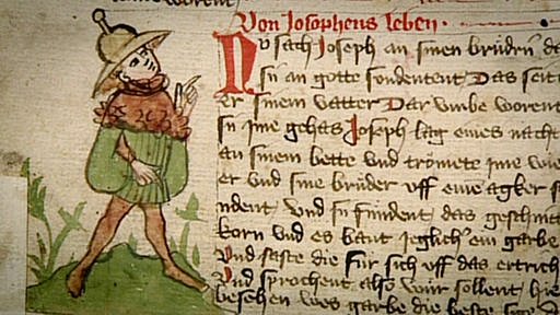 Auf einer mittelalterlichen Schrift ist ein Mann mit dem für Juden typischen Spitzhut zusehen. (Foto: SWR – Screenshot aus der Sendung)