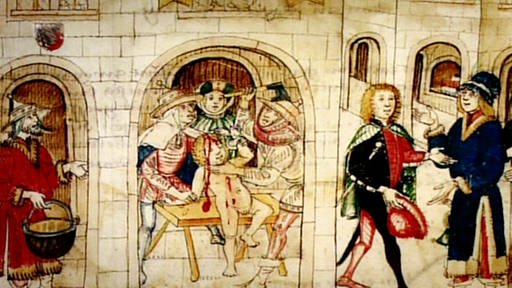Auf einer mittelalterlichen Abbildung sind Männer zu sehen, die mit einer Axt ein Kind erschlagen. (Foto: SWR – Screenshot aus der Sendung)
