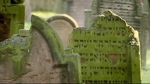 Moosbewachsene Grabsteine mit hebräischer Inschrift.