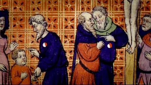 Gemälde: Juden mit weiß-roter Scheibe auf der Kleidung.