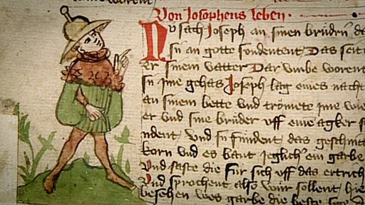 Auf einer mittelalterlichen Schrift ist ein Mann mit dem für Juden typischen Spitzhut zusehen.