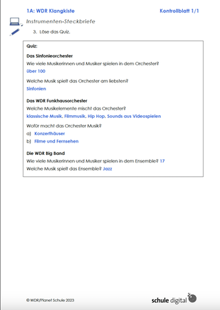 Screenshot vom Lösungsblatt 1A. Die Klangkiste - Ein Ensemble stellt sich vor. (Foto: WDR)