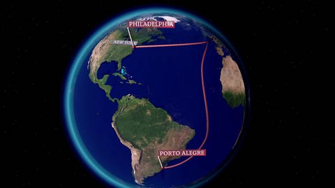 Globus mit Reiserouten nach Philadelphie und Porto Alegre. (Foto: SWR – Screenshot aus der Sendung)