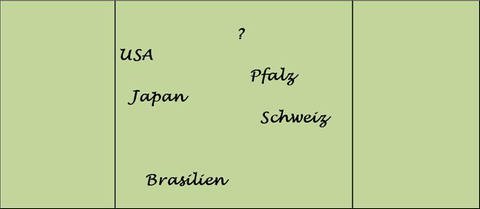 Darstellung einer Tafel, auf der "Pfalz, Schweiz, USA, Brasilien, Japan" und ein Fragezeichen stehen. (Foto: SWR)