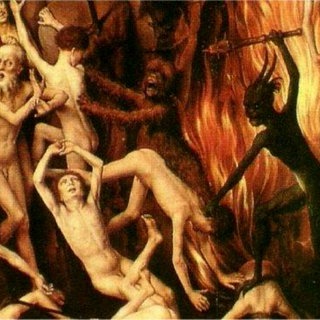 Gemälde von Menschen im Fegefeuer.