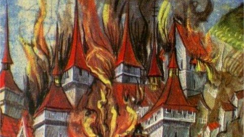 Gemälde einer brennenden Stadt.