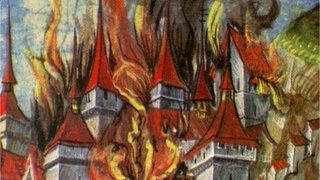 Gemälde einer brennenden Stadt.