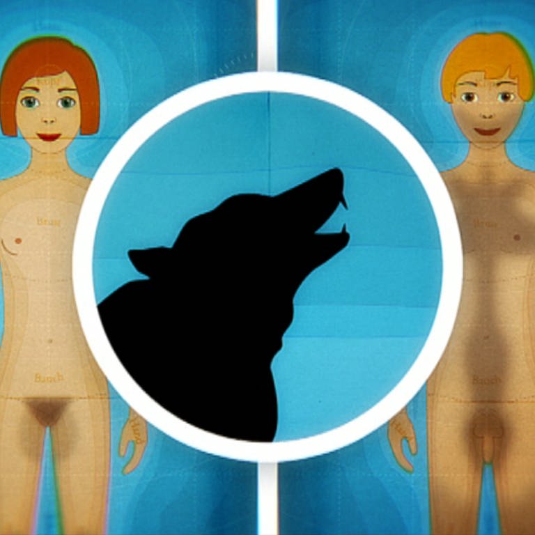 Grafik von einem Mädchen und einem Jungen mit einem heulenden Werwolf in der Mitte (Foto: WDR)
