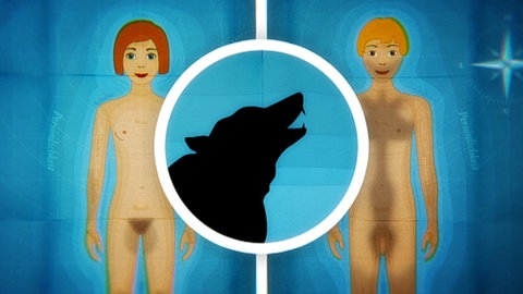 Grafik von einem Mädchen und einem Jungen mit einem heulenden Werwolf in der Mitte