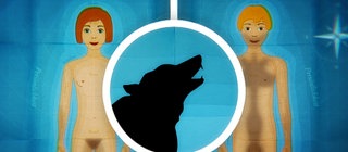 Grafik von einem Mädchen und einem Jungen mit einem heulenden Werwolf in der Mitte