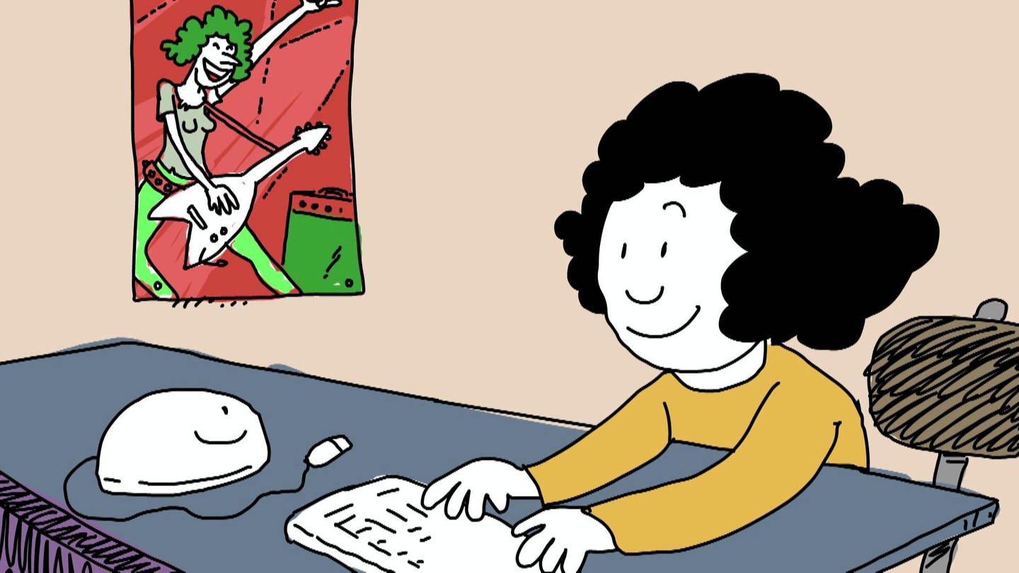 Zeichentrickfigur Elli an der Tastatur. (Foto: SWR – Screenshot aus der Sendung)