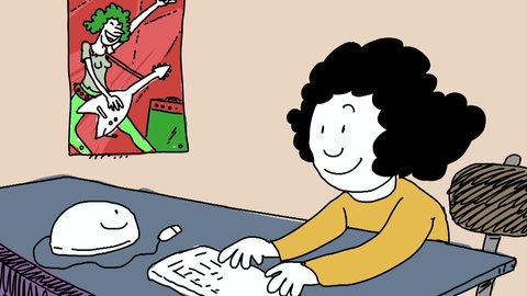 Zeichentrickfigur Elli an der Tastatur.