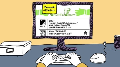 Bildschirm mit aufgeklebtem Passwort-Zettel.
