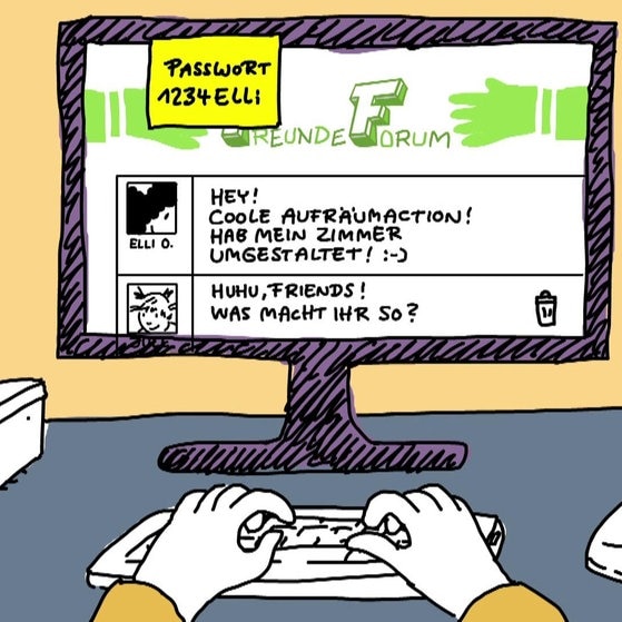 Bildschirm mit aufgeklebtem Passwort-Zettel.