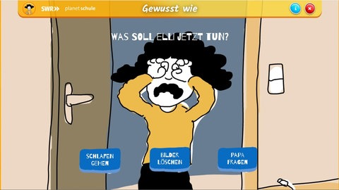 Elli weint ; im Vordergrund drei Button mit Auswahlmöglichkeiten.
