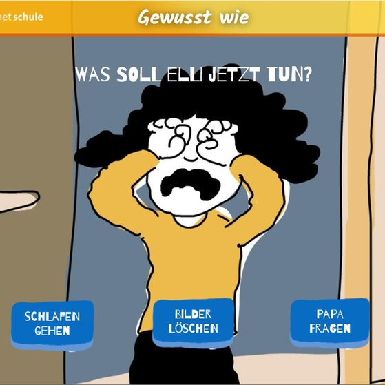 Elli weint ; im Vordergrund drei Button mit Auswahlmöglichkeiten.