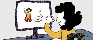 Zeichnung von Elli vor einem Monitor.