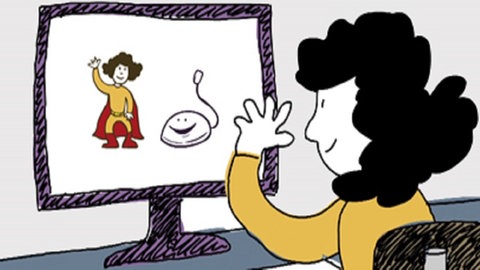 Zeichnung von Elli vor einem Monitor.