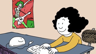 Zeichentrickfigur Elli an der Tastatur.