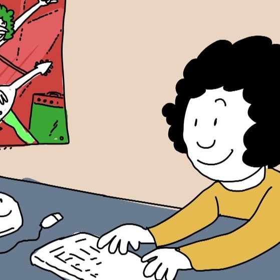 Zeichentrickfigur Elli an der Tastatur.