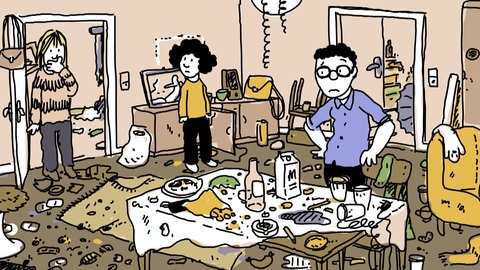 Familie in verwüsteter Wohnung.