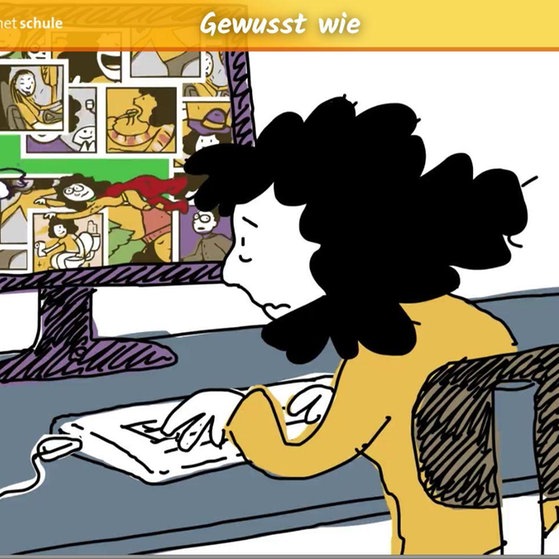 Elli sitzt vor dem Bildschirm.