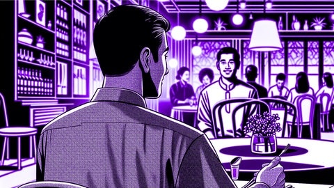 AI generated drawing of a man with hic back to the camera, looking over his shoulder | kolleg24 Englisch