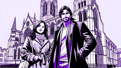 AI generated drawing of a woman and a man standing next to each other in front of a cathedral and smiling at the camera | kolleg24 Englisch