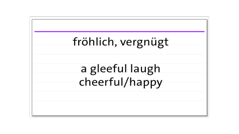 Karteikarte für die englische Vokabel gleeful - scherzhaft, fröhlich