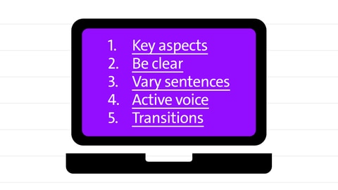 Writing skills: Focus on key aspects, be clear, vary your sentences, use active voice and use transitions. | kolleg24 Englisch