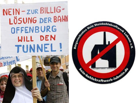 Protestaktion einer Bürgerinitiative für den Bau eines ICE-Tunnels, Im Vordergrund Nonne mit Protestplakat; Aufkleber einer Bürgerinitiative gegen den Bau eines Kohlekraftwerks in Lubmin (Foto: dpa)