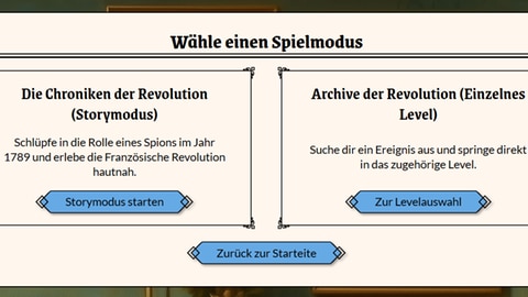 Auswahl der zwei Spielmodi des Lernspiels "Revolution! Frankreich 1789"
