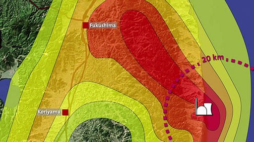 Eine Karte, die die Reichweite und Stärke der Strahlenbelastung um Fukushima zeigt. (Foto: SWR - Screenshot aus der Sendung)