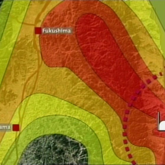 Farbige Markierung der Strahlenbelastung rund um Fukushima I. (Foto: SWR/WDR – Screenshot aus der Sendung)