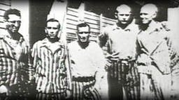 Eine Gruppe von KZ-Häftlingen in gestreiften Klamotten.