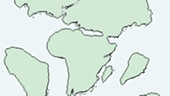Eine Karte, wie der Urkontinent in mehrere Kontinente zerbricht.